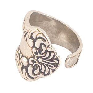Vintage Victorian Style Silver Tone Spoon Ring Adjustable Size Intricate Scrollw